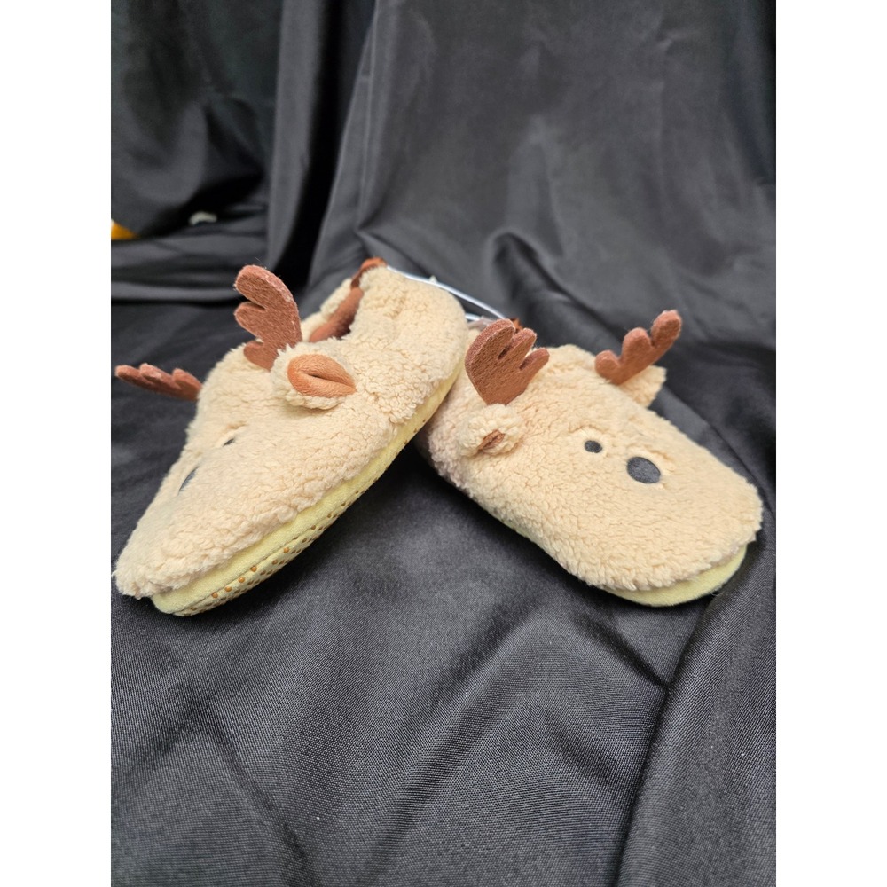 Old Navy Toddler Reindeer Sherpa Slippers Tan Brown Holiday Christmas Size L 11